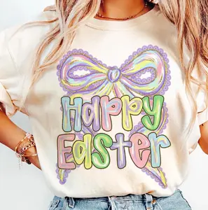 Happy Easter With Women comfort color Shirt, Coquette Bow Easter Shirt, Cute Pastel Holiday Easter Shirt, Easter Gift For Her, Trendy Bow Easter Day Shirt