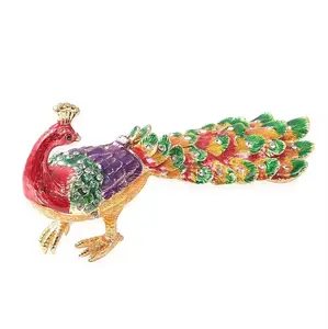 White Austrian Crystal, Enameled Peacock Trinket Box in Goldtone