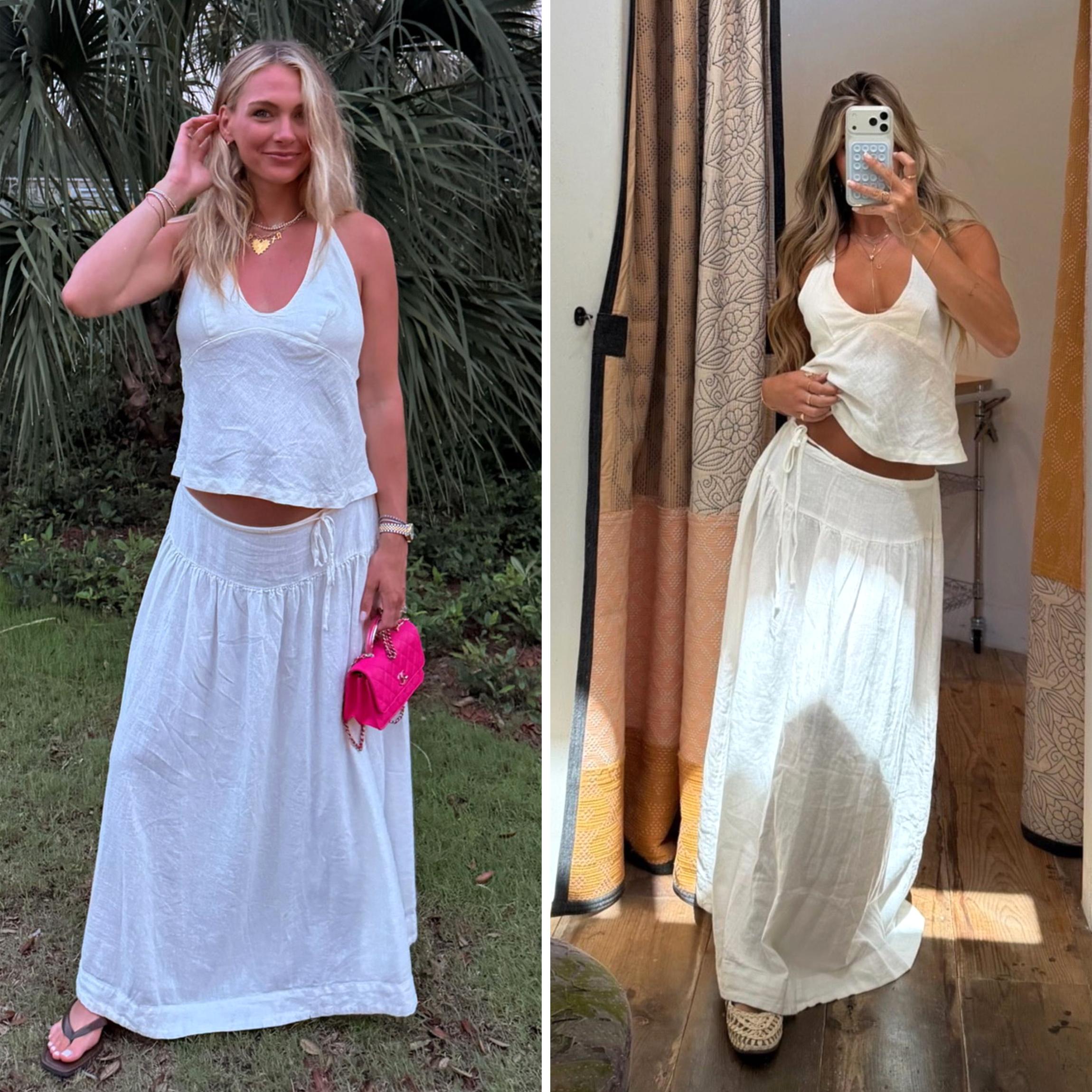 Buenoble Sandshell Linen Skirt Set Women’s 2 Piece Halter Top Flowy Maxi Skirt, Backless Summer Outfit, Beach Vacation Resort Matching Set