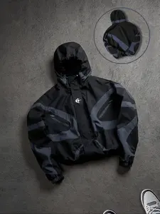 Windproof Plaid Solid Color Baseball Jacket with Stand-Up Collar and Cuffs Patchwork Print  Hooded Long Sleeves — Casual Motorcycle Outdoor Jacket, College Style