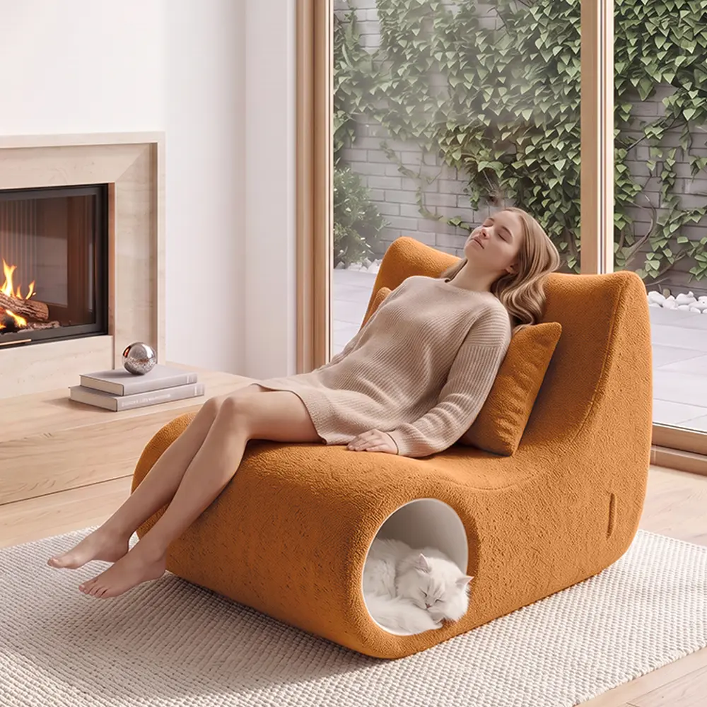 Single-Seat Armless Casual Cotton Shared Sofa for Humans & Small Pets - Living Room Furniture with Cat Cave, Pillow Backrest, Cozy Lounge Seat for Small Sp oversized aces chaise