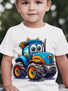 Cute Cartoon Tractor Kids T-Shirt Blue Farm Vehicle Graphic Short Sleeve Cotton Tee for Boys Girls
