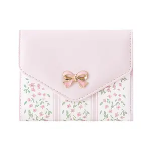 Floral Prints Wallet with Pink Bow Small Bifold Wallet with Zipper Coin Pouch Card Slots ID Window for Women Girls