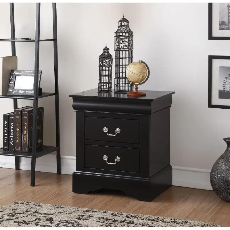 Louis Philippe III Black Finish Bedside Nightstand, Modern Black Indoor Furniture Nightstand for Bedroom, Modern Black Nightstand
