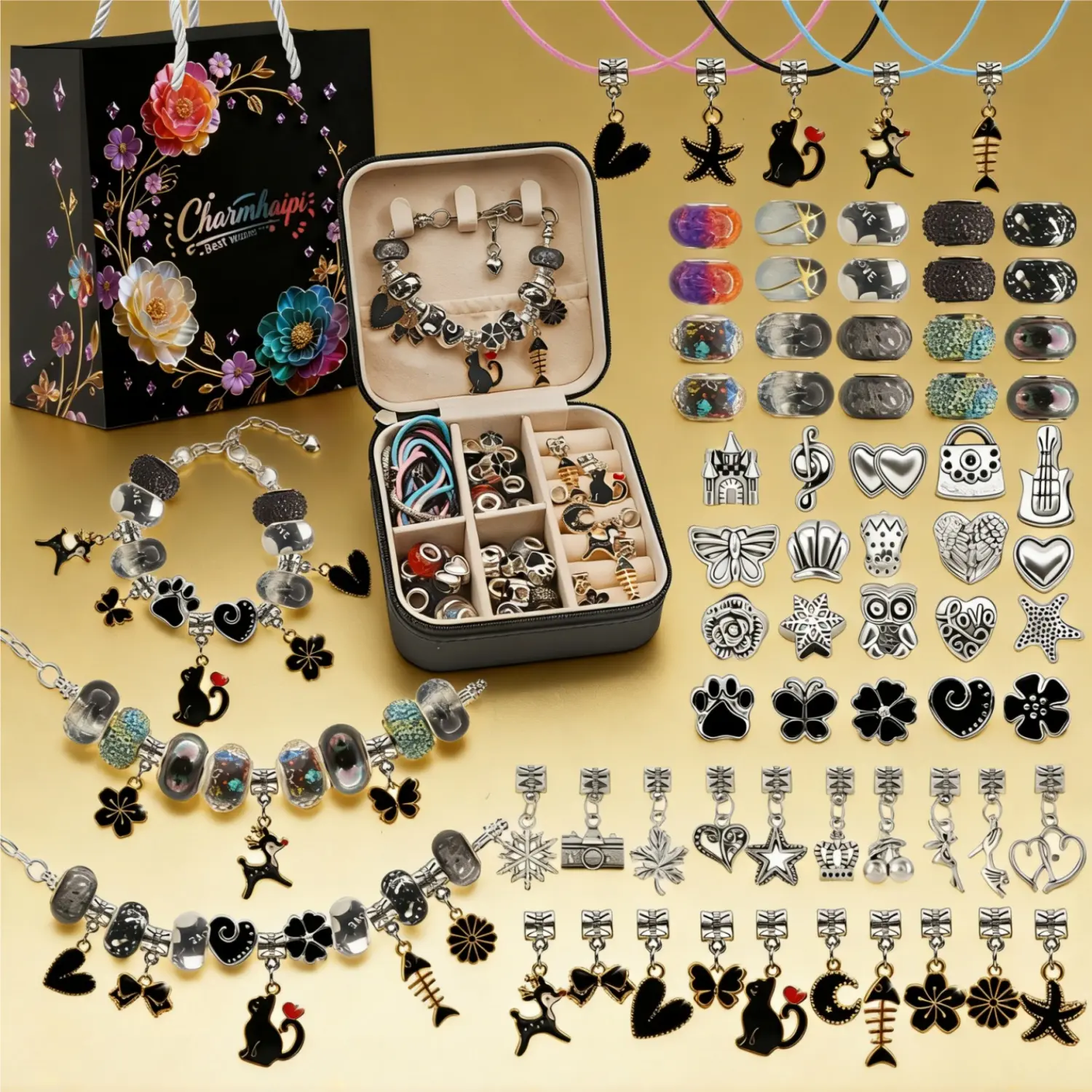 2026New Black DIY Bracelets Accessories for Women Jewelry Marking Kit 68Pcs Fun Beads Charms for Creative Elegant Crafts Jewelry With a Special Jewelry Box Making Bracelet or Necklace Toy Gifts Girlfriend for Birthday Valentine Gifts for Her