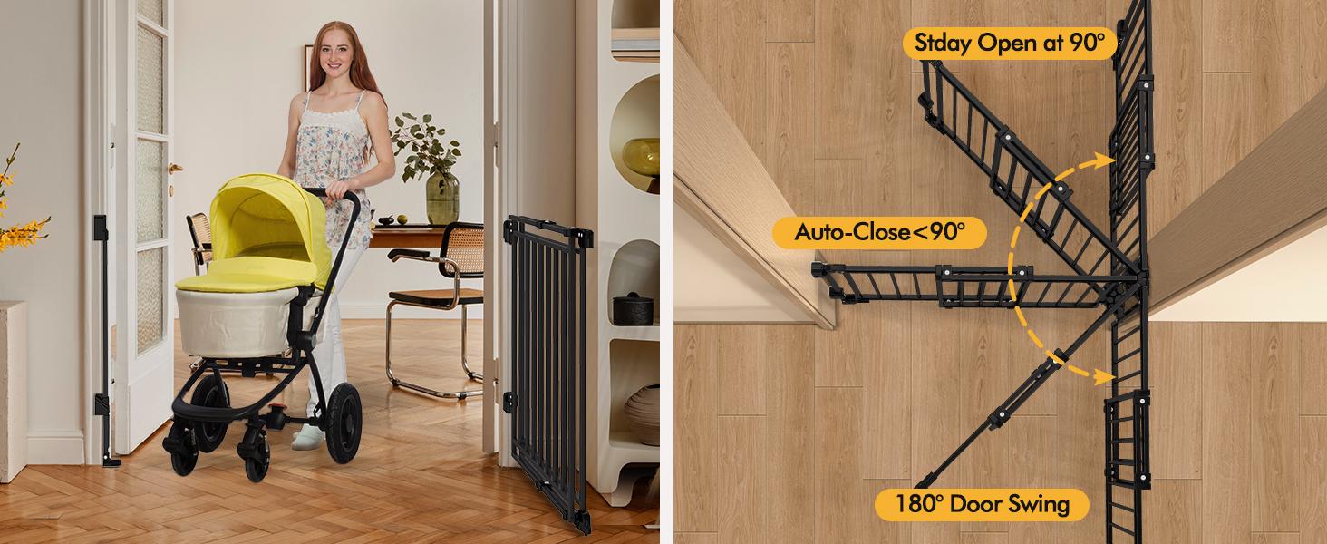 Baby Gate for Stairs Doorways & Kitchen, 26"-44" W x 28" H, No Bottom Bar Dog Gate, One-Handed Auto-Close, Hardware Mount Safety Gate for Dogs & Toddlers, Black/white