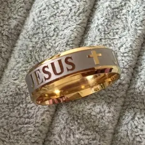 Large 8mm wedding ring in 18K gold plating, featuring a Jesus Christ cross and biblical inscription.