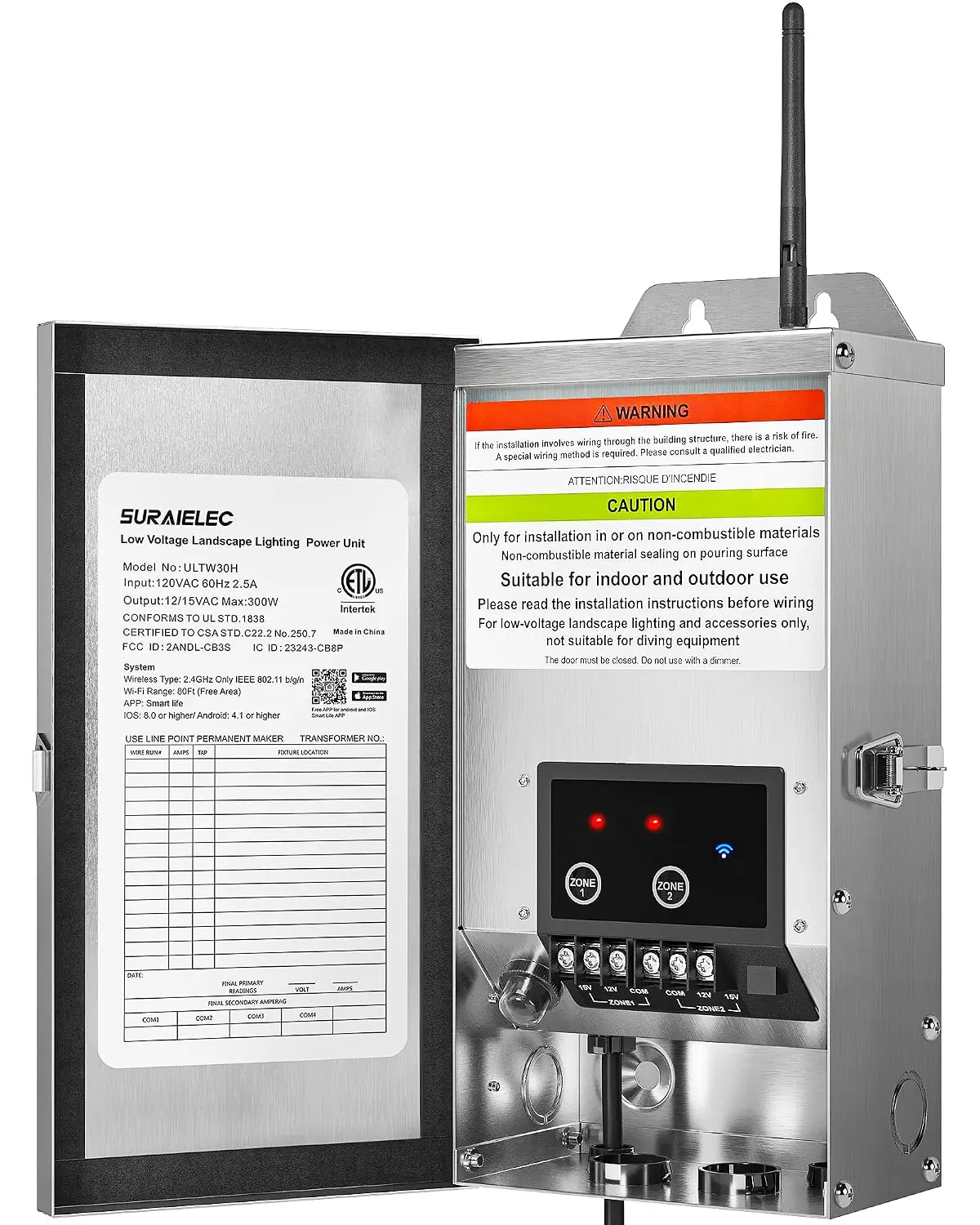 Suraielec | Wi-Fi Low Voltage Landscape Transformer, 2 Zones, ETL Listed | 300W, 120V to 12V/15V AC, Compatible with Alexa Google Assistant, 2.4GHz Smart Transformer, Stainless Steel