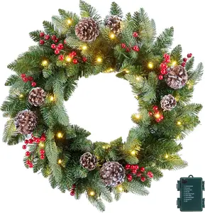 24 Inch Prelit Christmas Wreath, Artificial Christmas Wreath for Front Door with LED Lights, Pine Cones, Pine Needles, and Red Berries, Reef for Door Window Mantel Indoor/Outdoor Home Decoration
