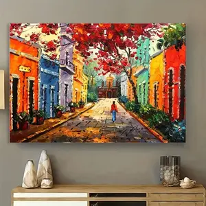 [2D Flat] 1pc Puerto Rico Old San Juan Street Scene Canvas Wall Art - Tropical Caribbean Painting with Colorful Buildings, Wrapped Wooden Frame - Modern Latin Decor for Living Room, Bedroom, Home Office - Indoor Hanging Decoration - Ready-t	