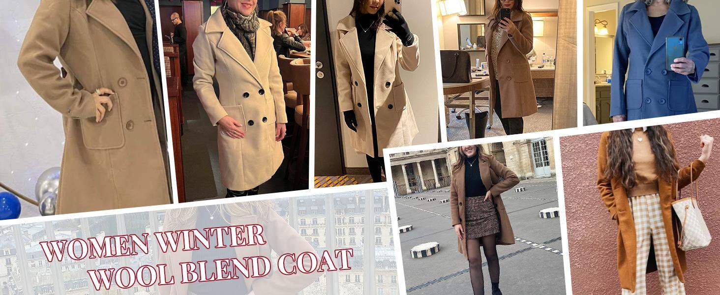 Ommig Women Winter Wool Blend Camel Mid-Long Coat Notch Double-Breasted Lapel Jacket Outwear