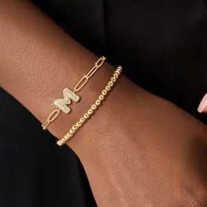 Greenish Spring Jewelry 26 Letter Layered Bracelet for Women - Trendy Cubic Zirconia AZ beaded Initial Bubble Letter Bracelet with adjustable paper clip chain Bracelet for women gifts exquisite,Valentine's Day Gift