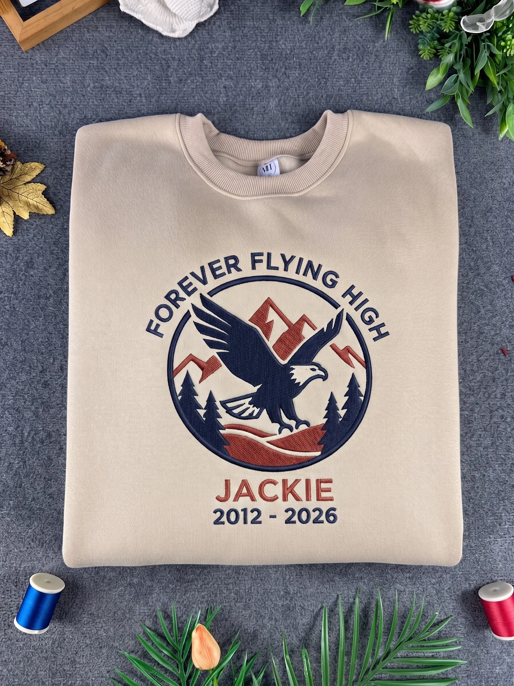 Big Bear Eagle Memorial Sweatshirt, Embroidered Forever Flying High Jackie Crewneck, Bald Eagle Mountain Tribute, Wildlife Gift