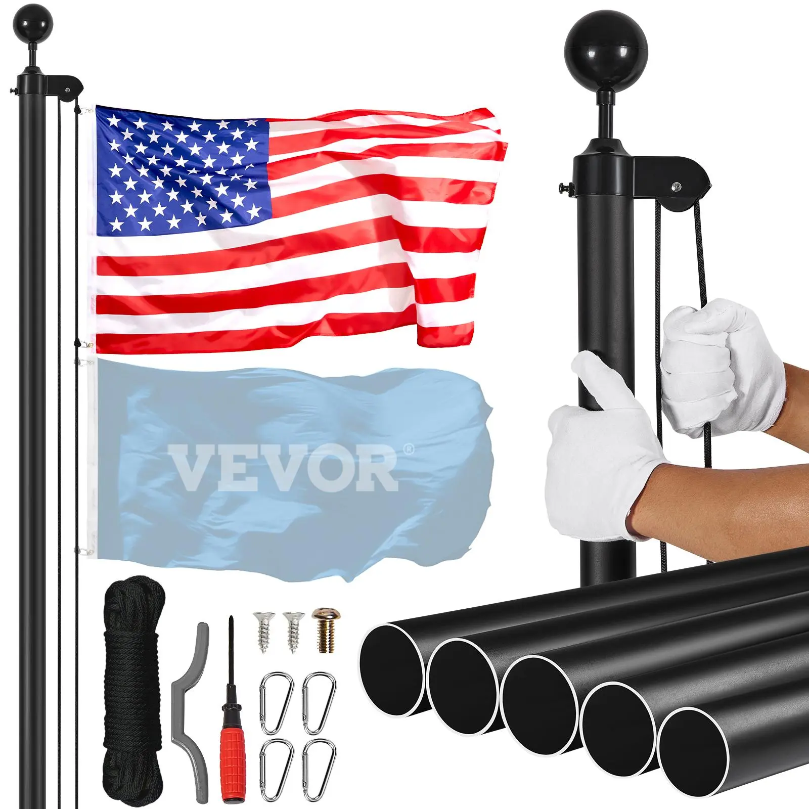 【SummerFinds】VEVOR 25FT Sectional Flag pole Kit,  , Heavy Duty Aluminum Alloy in Ground Flag poles for Outside, 3 Display Modes Flagpole with 3x5 American Flag, Professional Accessories, Black Banners Lightweight