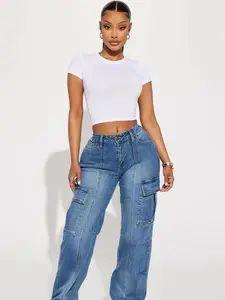 Say It Now Stretch Straight Leg Cargo Jeans - Dark Wash
