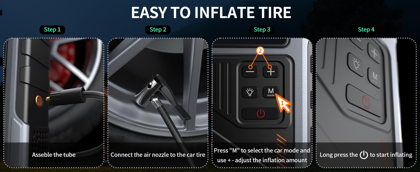 Geeneu Portable Car Jump Starter W100 12000mAh with Air Compressor (8.0L Gas & 6.5L Diesel) 150 PSI Tire Inflator, LED Light, 12V Car Battery Jump Power Autos Automotive Vehicle Carjack Tool Kit