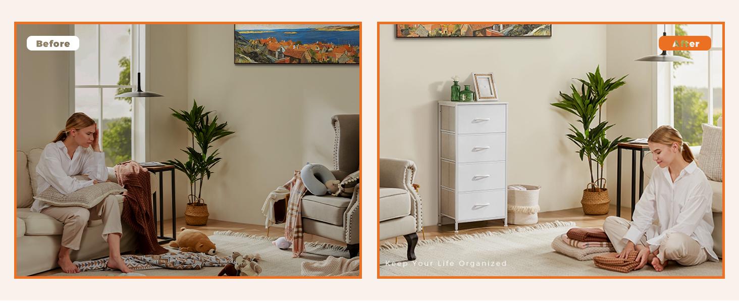 Cupboards Cabinets Dresser for Bedroom, Storage Drawers, Fabric Storage Tower with 4 Drawers, Organizer Unit, with Wooden Top for Closet,  Living Room