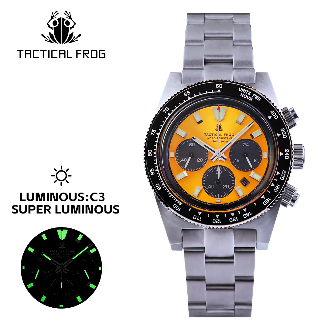 TACTICAL FROG Men's Solar Diver Wristwatch - Analog Chronograph Wristwatch, Luminous Analog Watch, Stainless Steel Bracelet, Sapphire Crystal, Ceramic Bezel, 200M Waterproof Fashion Men's Watch, Waterproof Watches sohochic