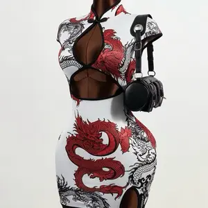 Cross-Border New Women's Sexy Slim-Fit Dragon Print Modified Cheongsam