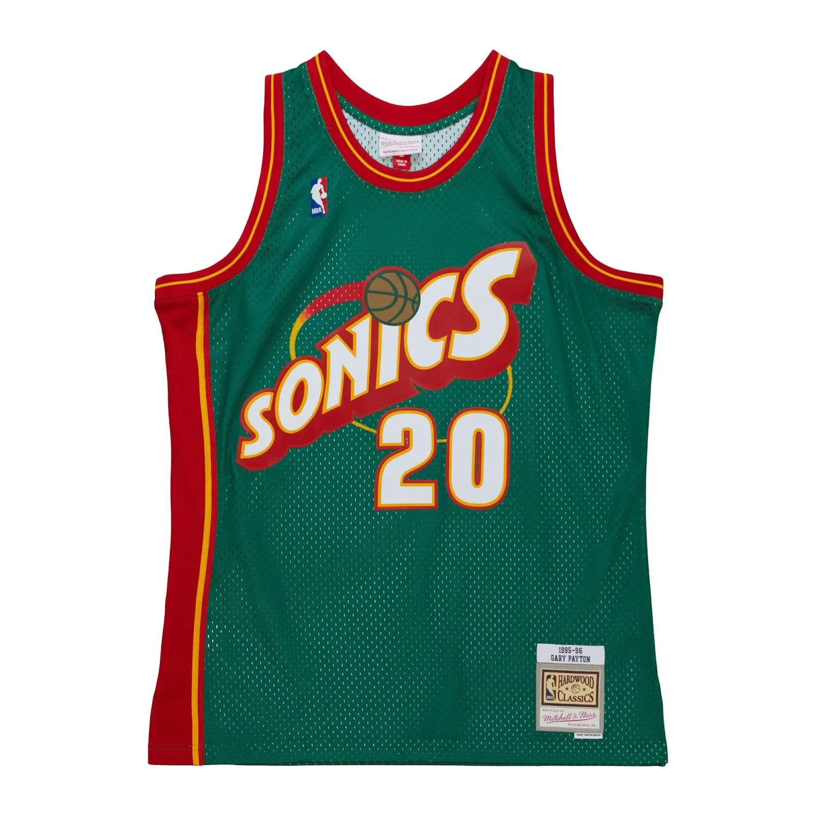 Mitchell & Ness Men's Gary Payton Green Seattle SuperSonics Hardwood Classics 1995-1996 Swingman Jersey, Cotton Regular Fit Casual Wear with Graphical Print