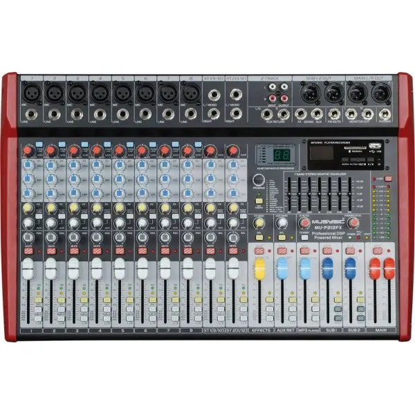 MUSYSIC MU‑P212FX Professional 12‑Channel Powered Mixer with DSP, Bluetooth/MP3 Recorder, 7‑Band EQ & 8000W PMPO Amplifier