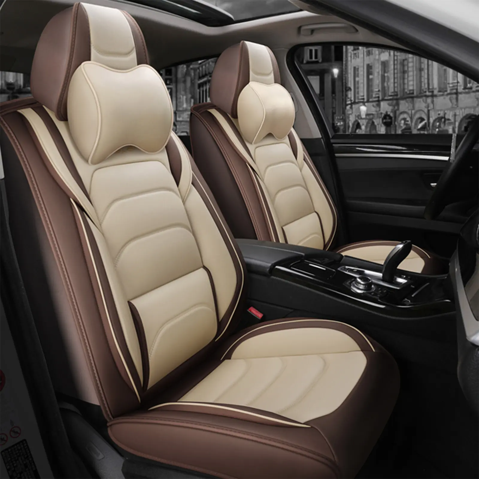 OTOEZ 5PCS PU Leather Full Set Car Seat Covers Waterproof, Airbag-Compatible, Headrest-Included, Full Protection Cushion Protectors for Cars, Car Seat Accessories, Front Seat Covers