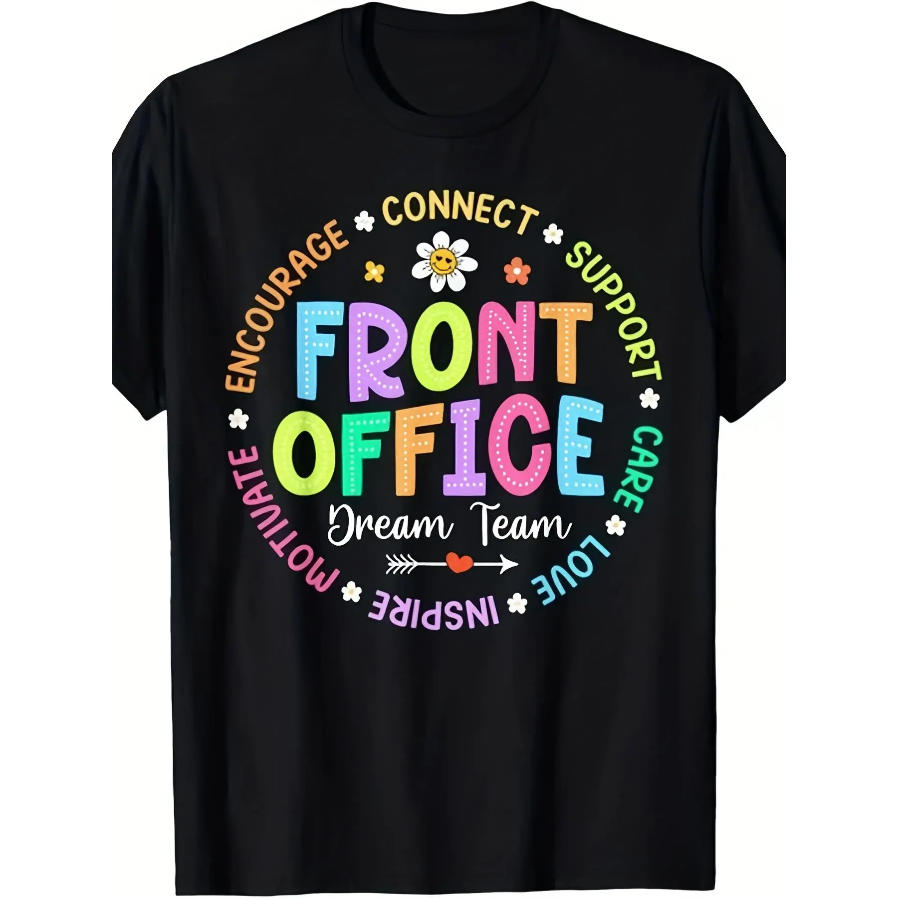 Men's & Women's Comfy Basic Streetwear Print Shortsleeve T-Shirt - Retro Receptionist Front Office Design, Front Desk Motivational Words (Connect, Support, Encourage), Crew Neck All-Season Casual Tee for Office, Casual Attire - Ideal for Receptionists