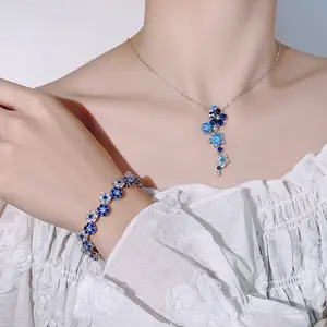Jewelry set, bracelet, collarbone chain, zircon flower design, high-end, fashionable, versatile, and luxurious women's jewelry.
