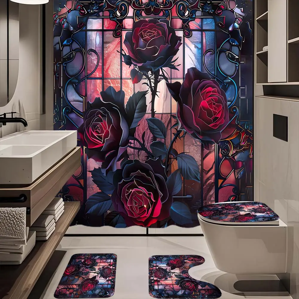 4pc iron window rose pattern bathroom set, The 4-piece set includes a single shower curtain, anti slip floor mat, toilet U-shaped mat, toilet lid mat, with shower curtain hook, and belongs to bathroom decoration products