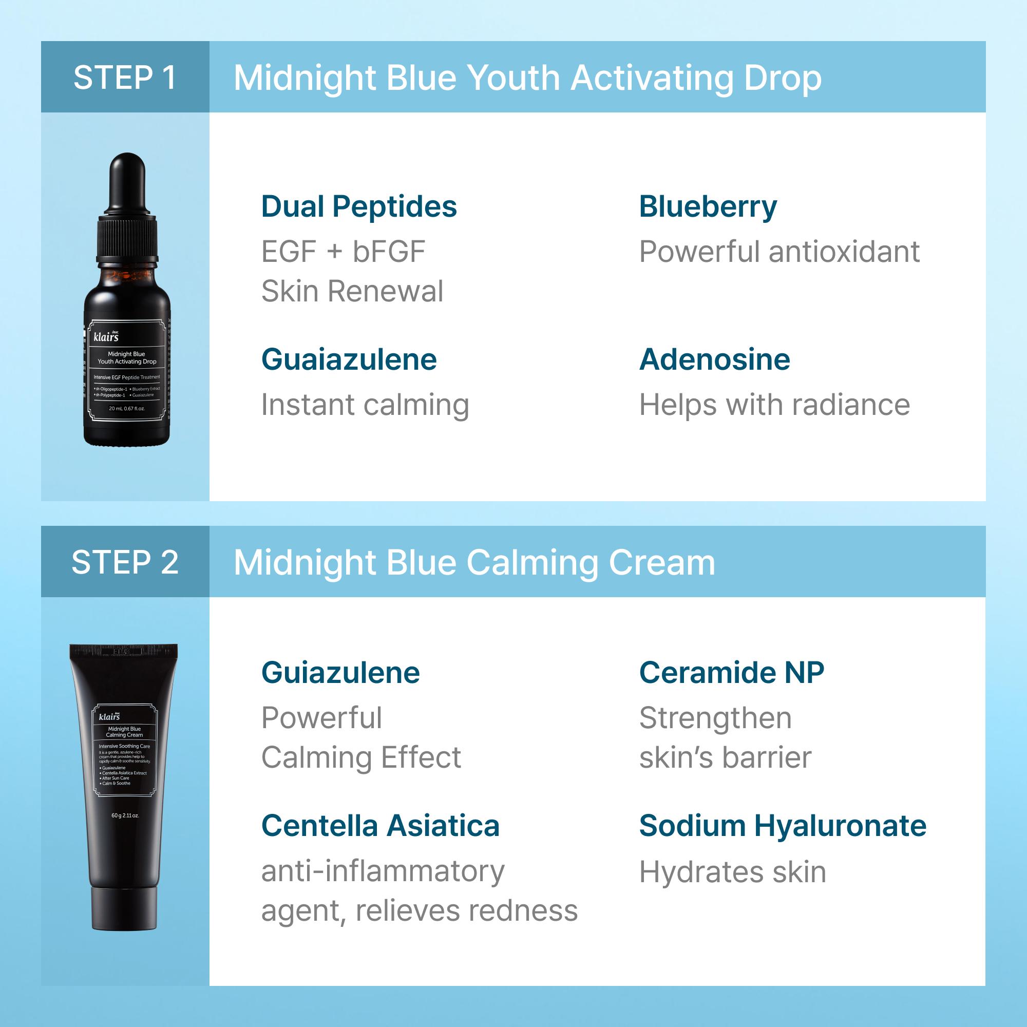 [Dear, Klairs Official Shop] Blue Soothing Barrier Kit | Midnight Blue Calming Cream + Blue Drop Set, Soothing, Light Texture, Sensitive Skin Friendly Moisturizing Skincare Gentle Skin Repair Comfort Hydrate Moisturize Moisturizer Hydrating After Suncare