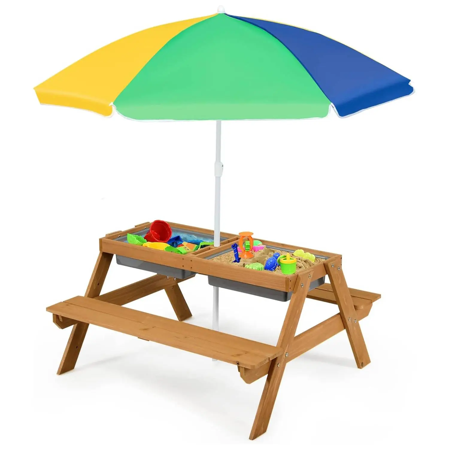 Costzon Kids Foldable Picnic Table Set - Outdoor Table and Chairs, Height-Adjustable Umbrella, Sand & Water Function, Wooden Backyard Gear, Mother’s Day Gift, Summerwins 4th of July Decor, Foldable Picnic Tables