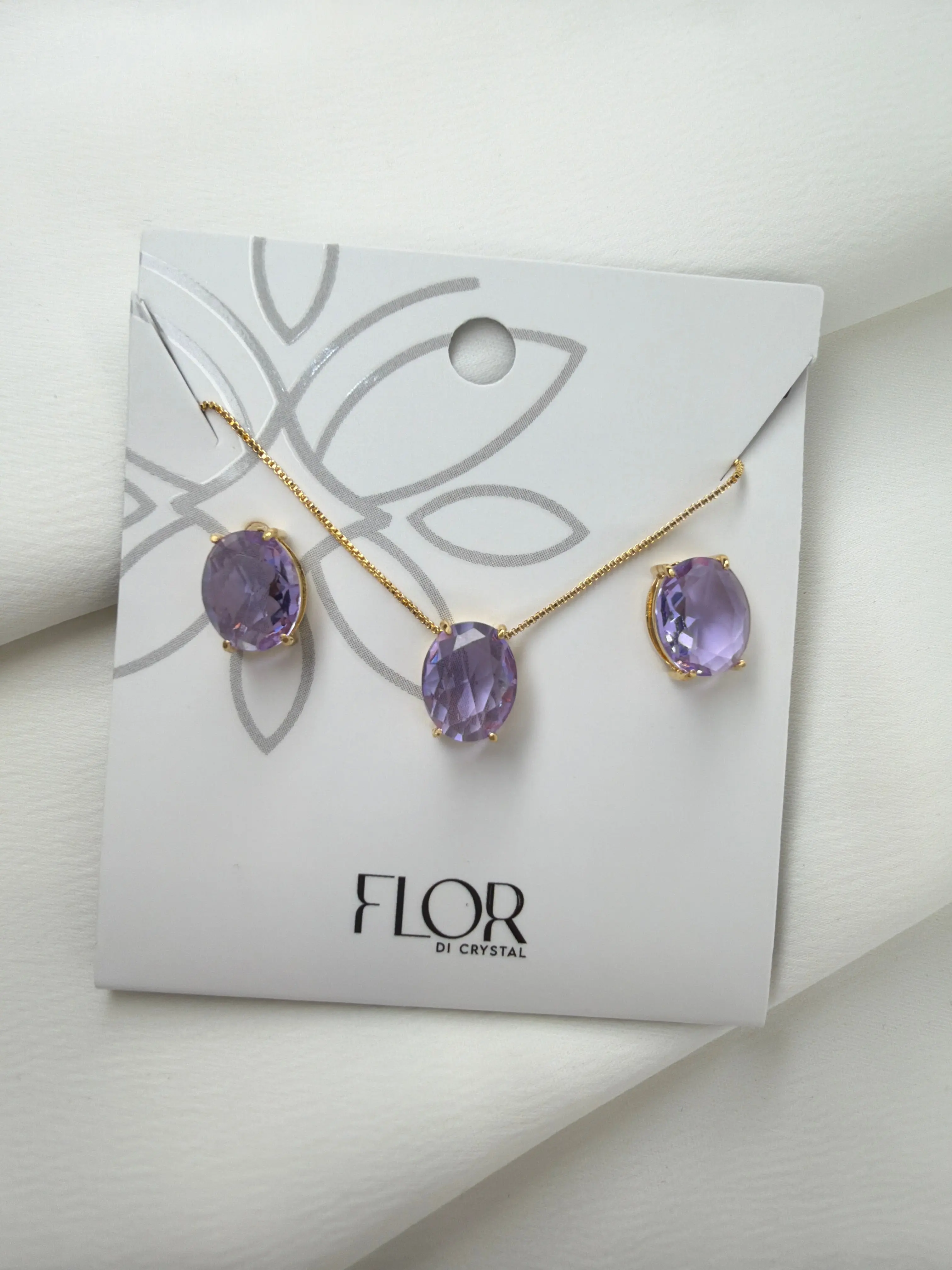 FLOR Di Crystal Luxury Oval Lilac Pavé Necklace & Earring Set - Nickel-Free 18k Gold Plated Jewelry for Everyday Wear