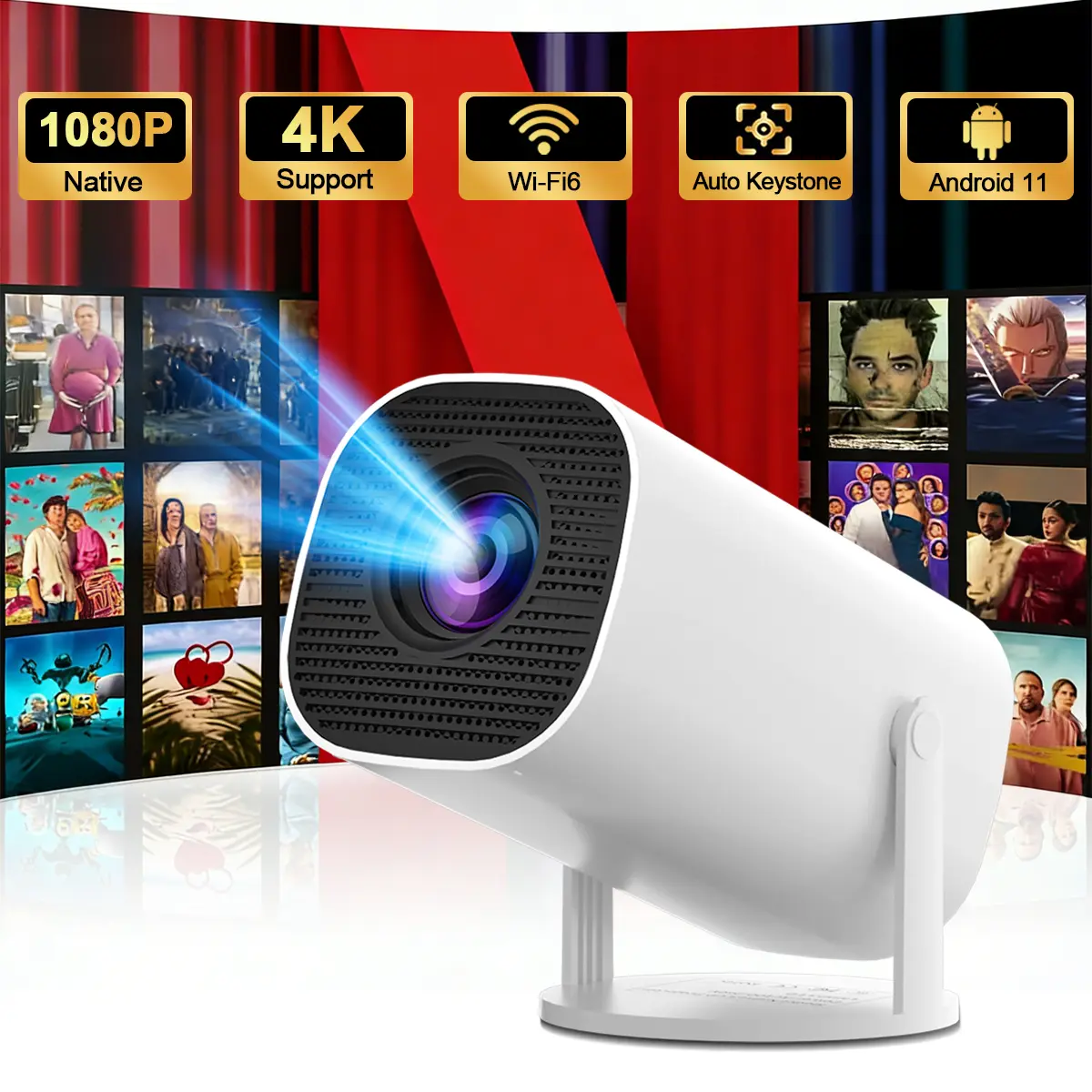 Portable Smart Projector with Adjustable Stand, HD Video Playback, Keystone Correction, Wireless Screen Mirroring for iOS & Android Phones, Audio Device Connectivity, Mobile Cable Compatibility