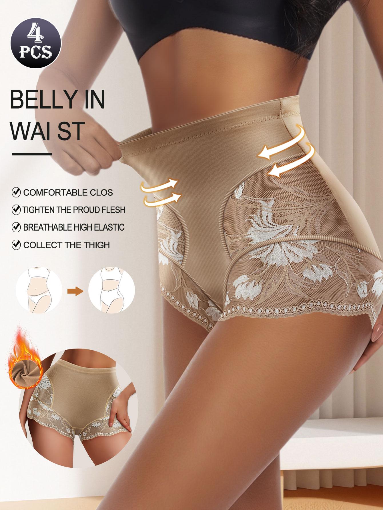 QUASTI 4PCS High-Waisted Glossy Fabric Lace Patchwork Women's Underwear, Soft Seamless Breathable Panties, Elegant Sexy Tummy Control Briefs, S-XXL SpringStatements