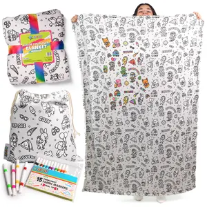 Craftikit Kids Travel Animals Coloring Blanket – Color Your Own Blanket with Fabric Markers & Drawstring Tote