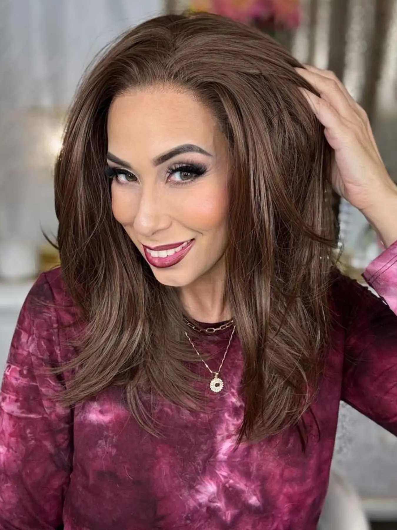 MACA BAKA Hana Chocolate Brown Layered Synthetic Lace Front Wig with Scandinavian Hairline 16 Inches Medium Length Low Density Natural Wavy Medium Brown HD 13x4 Lace Front Wigs for Women Pre Plucked
