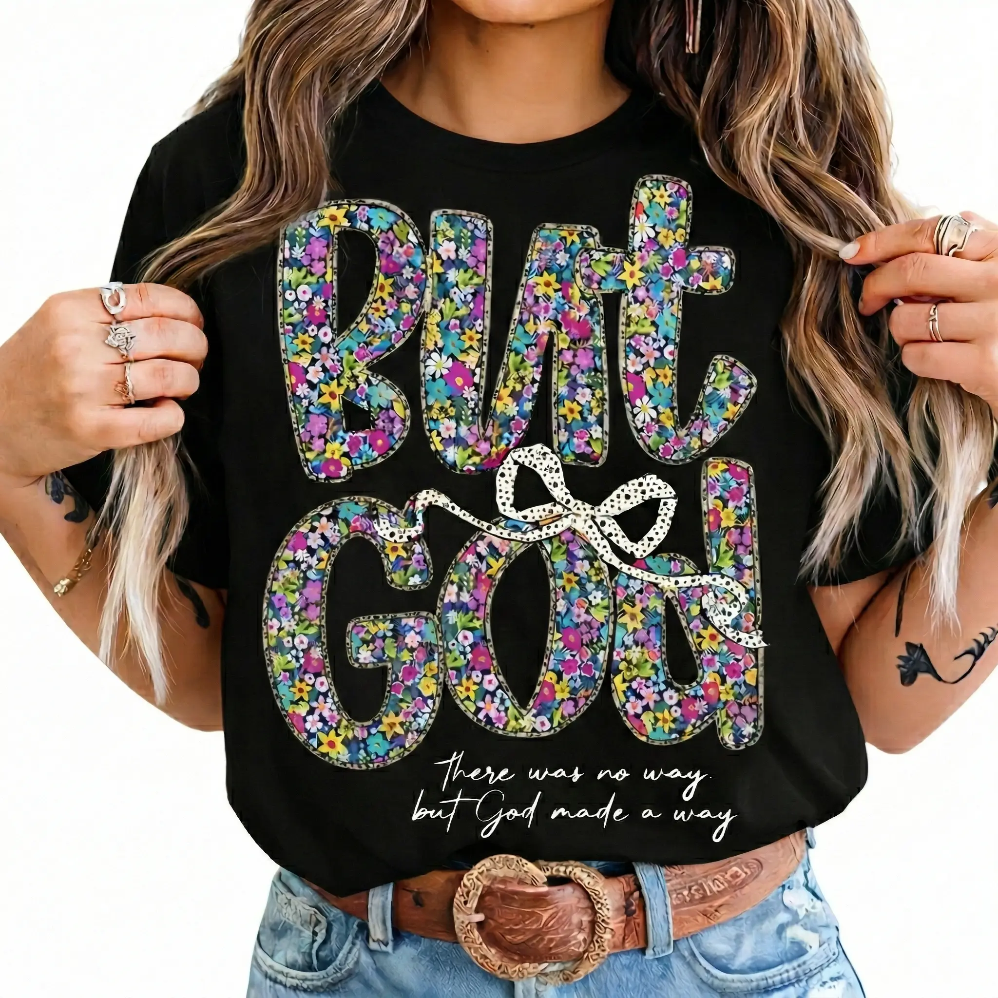 Women's Unisex Seamless Short-Sleeve Round Neck Cotton Christian Graphic Tee - Athletic Vibe Garment, Jesus Religious Streetwear, Flower Print But God Oversized Summer Gift T-Shirt, Regular Fit, Office, Fabric, Menswear, Statement Slogan, Top, Essential,