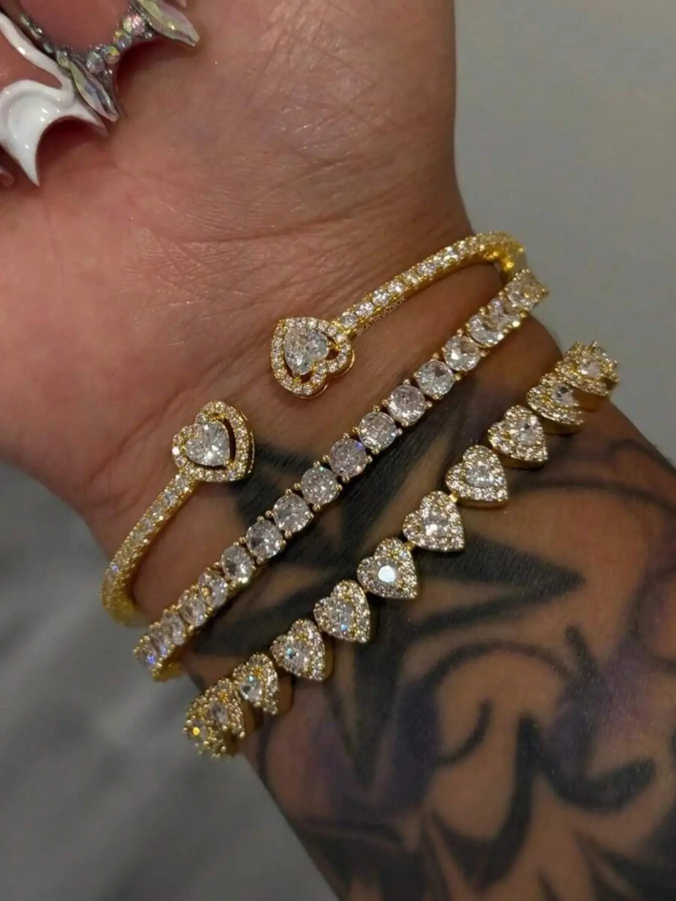3-Piece Gold-Tone Heart Bangle & Tennis Bracelet Set, Cubic Zirconia Heart Charm Bracelets & Bangle, Stackable Layered Jewelry, Trendy Daily Wear, Ideal Gift for Party, Anniversary & Birthday