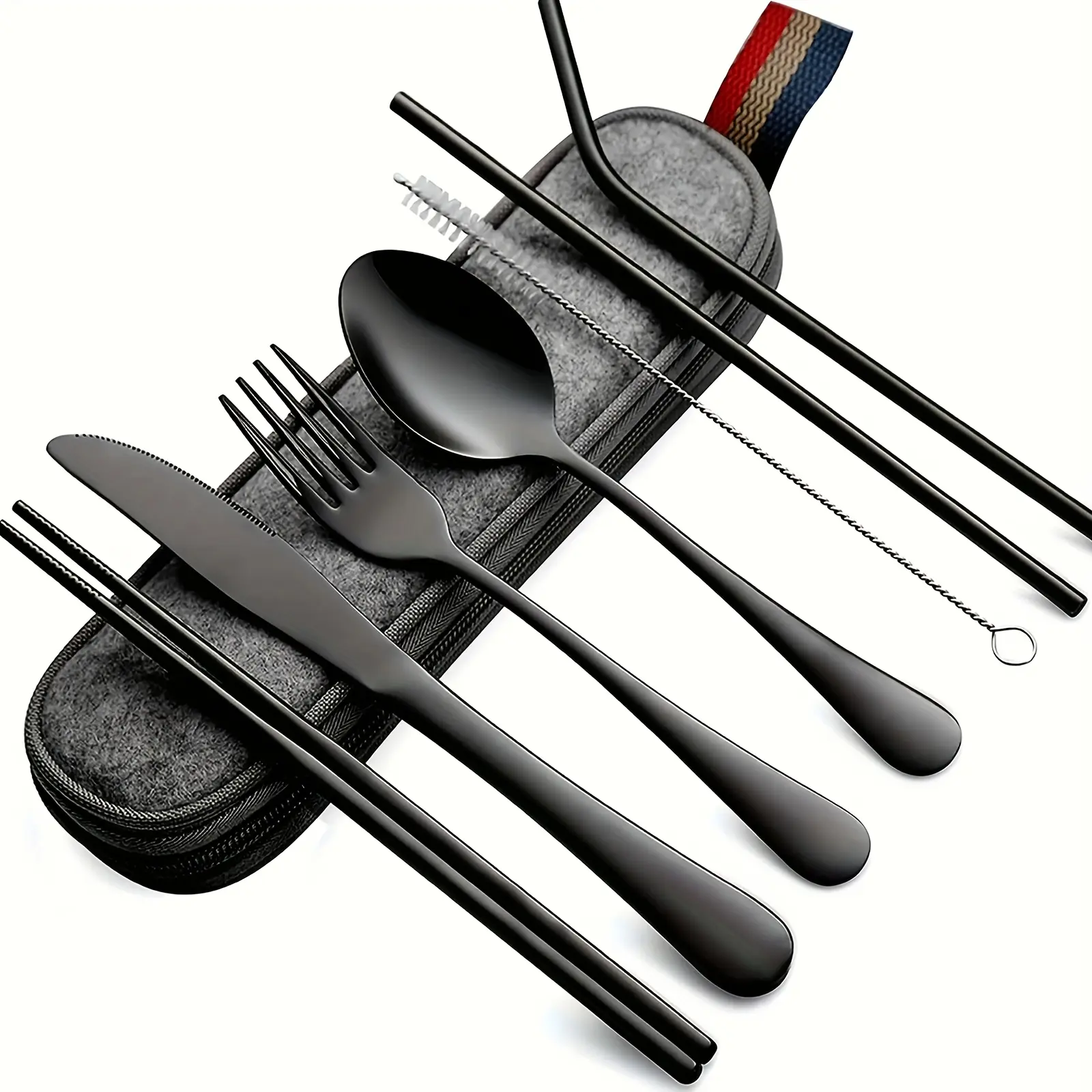 8Pcs Stainless Steel Portable Flatware Set with Storage Case - Outdoor Party Supplies, Camping Travel Knife, Fork, Spoon, Chopsticks, Straw, Brush, Home & Outdoor Tableware