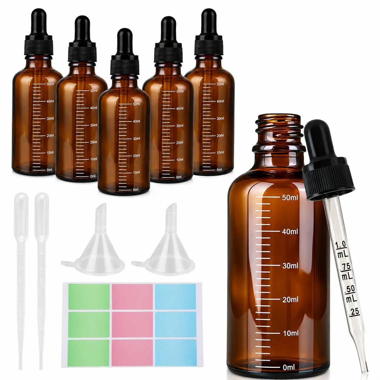 6 x 50ml dropper bottles – amber glass dropper bottles with 2 funnels, 2 pipettes, 1 label sheet, ideal for essential oils, aromatherapy, laboratory & liquid dyes