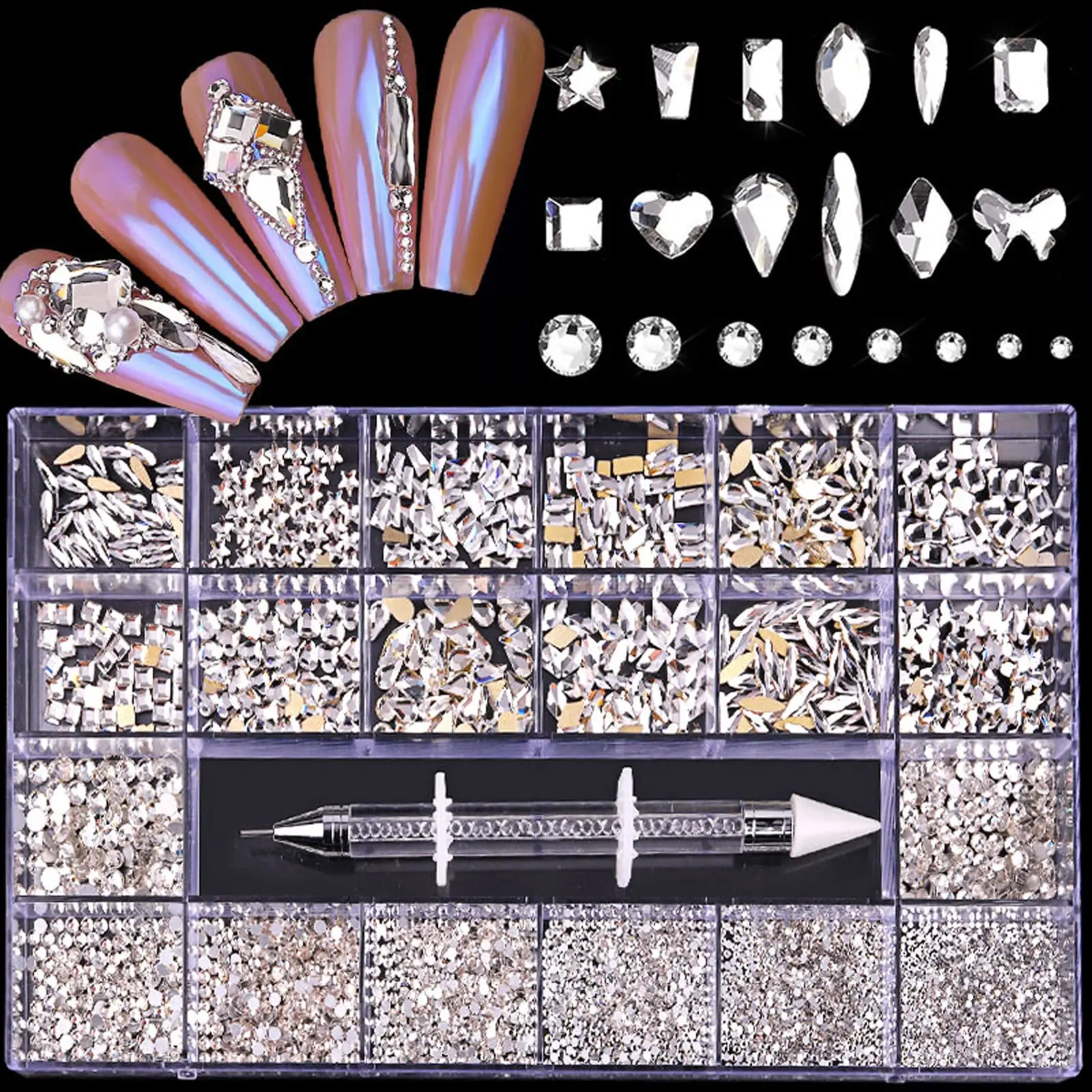 300 Crystal AB Rhinestones in 12 Designs—Nail Art Rhinestone Set; 20 Designs—Flat-Back Rhinestones for DIY Nail Art Crafts, 3D Crystal Accessories, and Flat-Back Stone Set + Rhinestone Applicator Pen