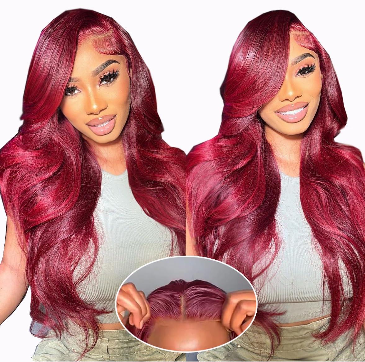 Bling Hair Body Wave 9x6 Glueless Wig Burbundy #99j Colored Preplucked Remy Brazilian 7x5 Lace Closure HD Lace No Tangling No Shedding 180 Density Wig