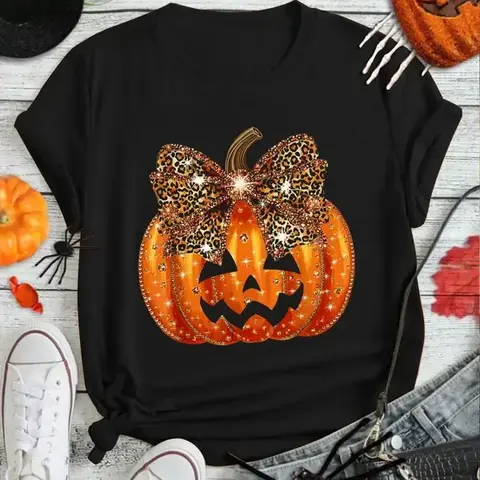 [100% Cotton]    Pumpkin Leopard Coquette Bow Girly Women Girls Halloween T-Shirt Print Round Neck Short Sleeve Streetwear Fashion Breathable Homme Soft Unisex Designer Clothes For Women Casual Clothes,Hoodie And Sweats Golf Gift T-Shirt For Men And Women