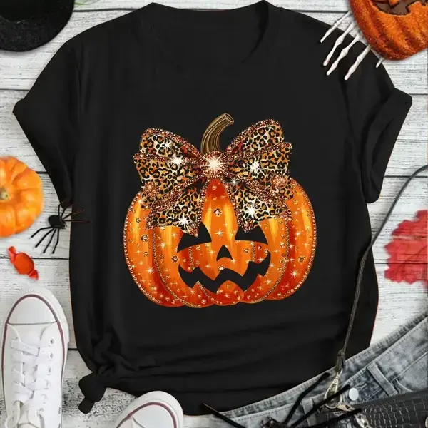 Pumpkin Leopard Coquette Bow Girly T-Shirt Print Round Neck Short Sleeve Streetwear Fashion Breathable Homme Soft Unisex Designer Clothes For