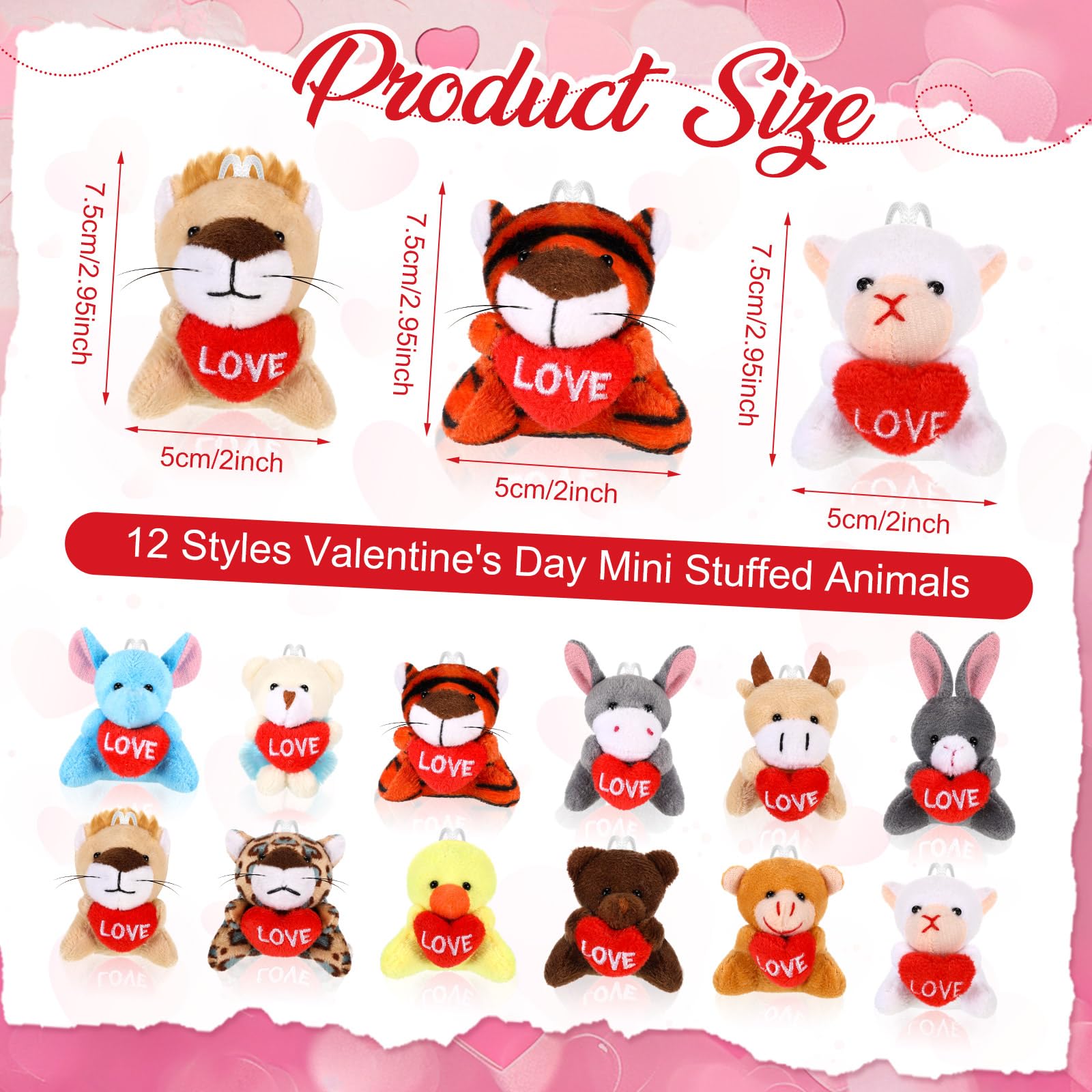 12/24 Sets Mini Valentine's Plush Animal Stuffed for Valentine's Party Favors for Students Classroom Gift Exchange Party Goodie Bags Valentine's Day Gift Birthday Gift Bags with Tags Festival Decor