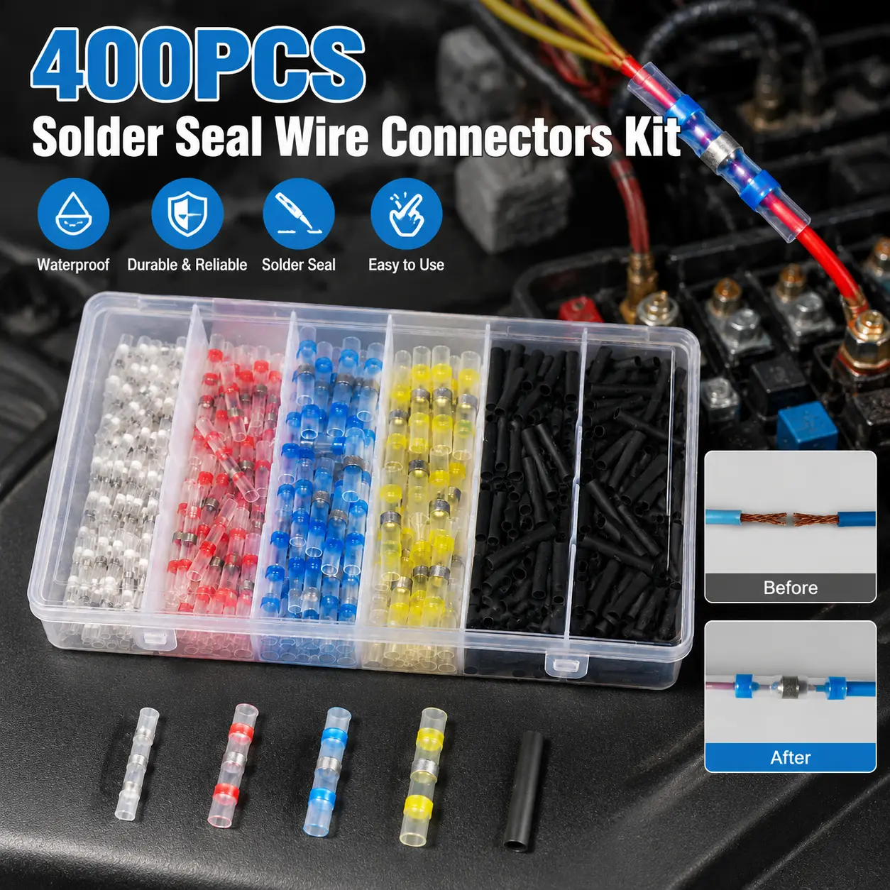 400PCS Solder Seal Wire Connectors Kit, 10-26 AWG Waterproof Heat Shrink Butt Terminals with 275 Black Tubes and Storage Case for Automotive Marine Trailer Wiring Repair