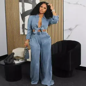 workout sets women Streetwear Loose Fit Matching Set Outfits for Women Two Piece Set Club Party Lace-up Shirt Top and Wide Leg Pants Set Elegance