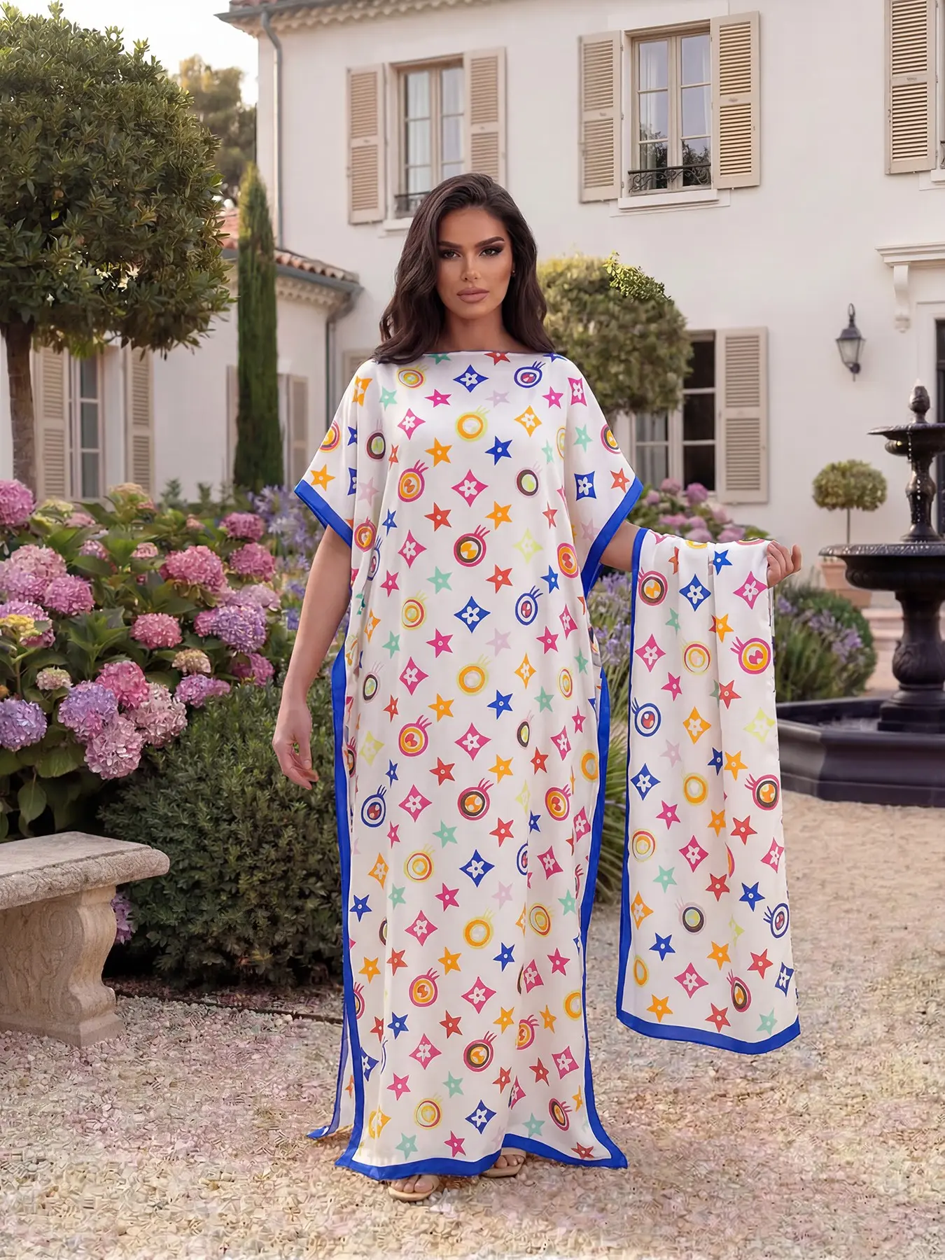Elegant Geometric Print Robe Set, Long Dress & Headscarf Scarf Hairband, Women's Summer Outdoor Beach Sun Protection Smooth Satin Shawl