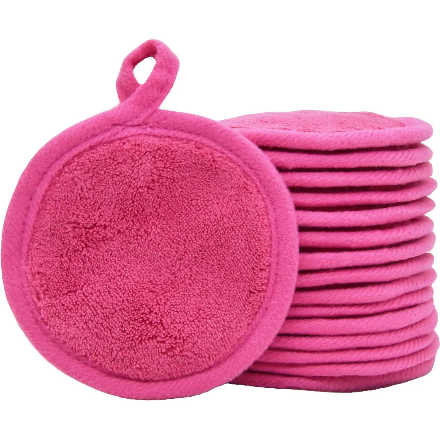 Dark Pink Reusable Microfiber Facial Makeup Remover Pads, 16-Pack 3.5 inch Looped Edge - Cleansing, Oil-Removing, Dry Skin-Friendly, Cleanser-Compatible for Lip & Eye, Face, Wash Reuse, Round Shape Face Care Products