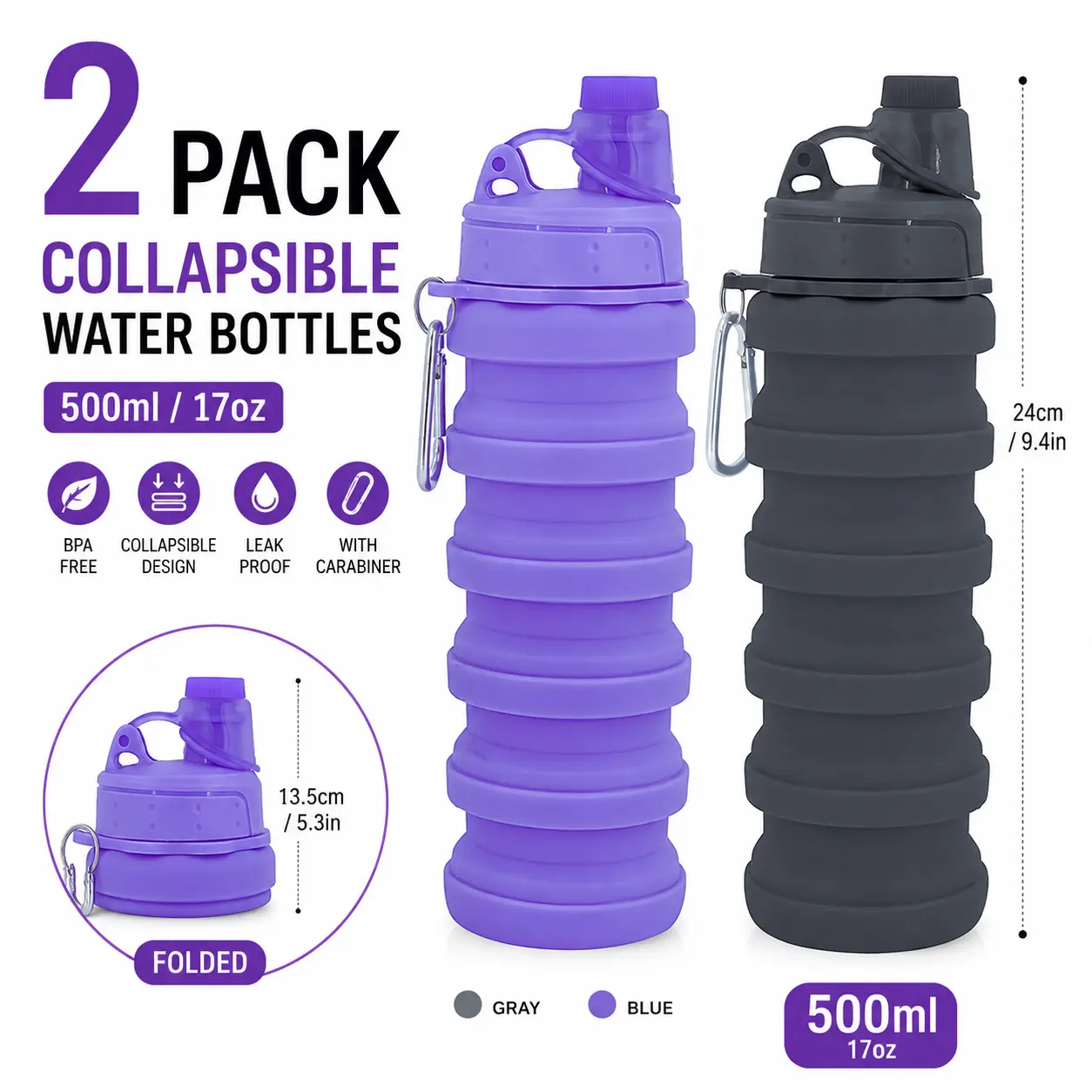2-Pack 500ml Collapsible Silicone Water Bottles – Foldable BPA-Free Travel Sports Bottles with Carabiner & Leak-Proof Lid, 24×7cm Unfolded / 13.5×7cm Folded, for Hiking Gym Camping (Gray+Blue)
